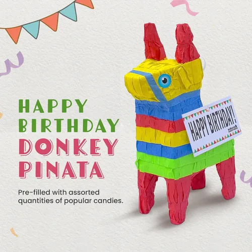 Miniatura 2 de Bonita piñata de burro de 12 pulgadas prerellena con cantidades variadas de caramelos populares y etiqueta de mensaje adjunta para amigos, familia