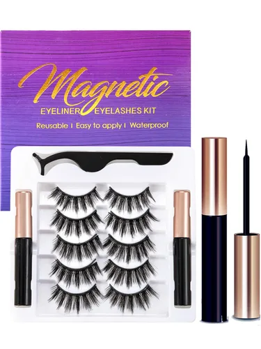 Pestañas Magnéticas con Delineador de Ojos - Kit de Delineador Magnético y Pestañas, Pestañas de Visón Sintético 5D, Pestañas de Aspecto Natural