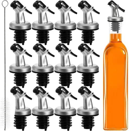 Tebery Paquete de 12 boquillas de aceite de oliva para verter botellas de vino con 4 cepillos de limpieza, tapón dispensador de botellas de aceite,