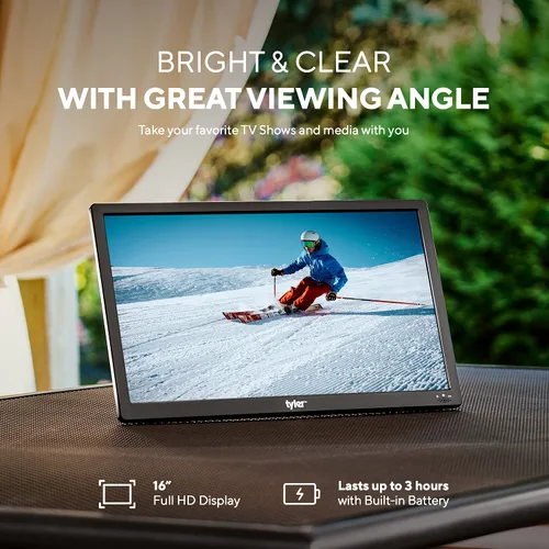 Miniatura 2 de Tyler TV Monitor LCD Portátil de 16" con Batería Capacidad Inalámbrica HD-TV, HDMI, USB, RCA, AC/DC, Radio FM, Cargador de Coche, Control Remoto