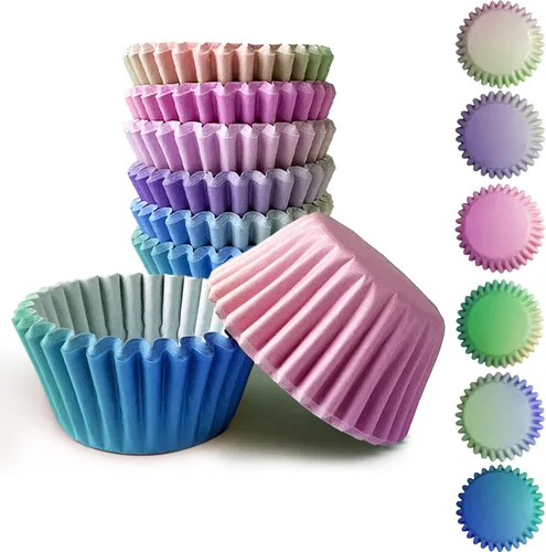 Miniatura 8 de qiqee 300 forros estándar para cupcakes, 6 diseños de papel azul degradado para cupcakes, tazas para hornear, envoltorios de cupcakes