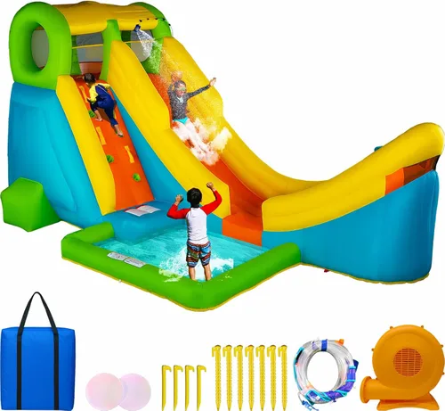 Sportspower Tobogán acuático inflable de media tubería grande para exteriores con aro de baloncesto, pared de escalada y piscina de chapoteo,