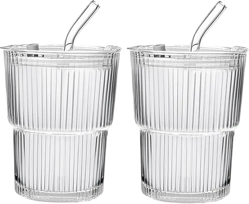 Miniatura 8 de Vaso de vidrio de 13 oz/13.5 fl oz con popote y tapa, tazas verticales acanaladas para café helado, vaso de pared gruesa, vaso de agua