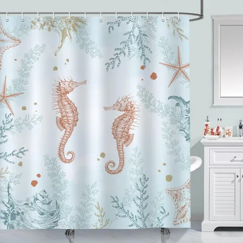 Miniatura 10 de Bonhause - Cortina para ducha de medusa, cortina de baño de tortuga azul teja y mar azulado, diseño costero de playa, de 72 x 72 pulgadas