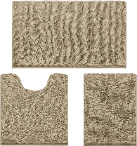Miniatura 12 de HOMEIDEAS Juego de 3 alfombras de baño, ultra suaves, antideslizantes, absorbentes, de chenilla, juego de alfombrillas de baño para inodoro (beige)