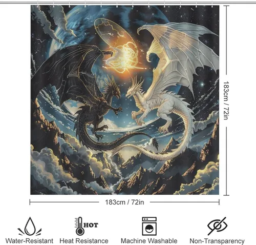 Miniatura 2 de Juego de 4 cortinas de ducha con diseño de dragón y luna de fantasía, juego de decoración de baño con alfombras, tapete de baño, cortina de ducha
