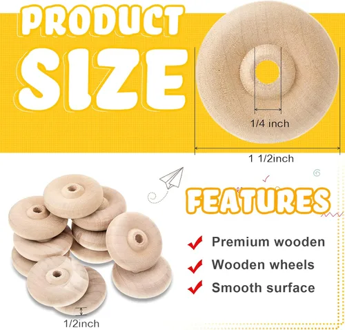 Miniatura 3 de Civaner Paquete de 36 Ruedas de Madera de Juguete para Manualidades Mini Ruedas de Madera para Manualidades con Clavijas de Eje para Manualidades