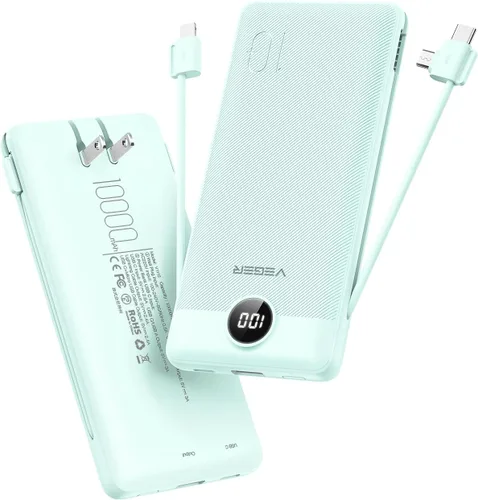 Miniatura 14 de VEGER Cargador Portátil con Enchufe de CA Integrado y Cables, Todo en Uno 10000mAh Batería Externa Ultra Delgada Esenciales de Viaje, Paquete