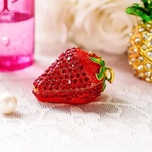 Miniatura 4 de YU FENG Caja de baratijas con bisagras para niñas, cajas de baratijas de fresa roja hechas a mano decoradas para mujeres (fresa roja)