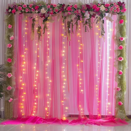 Miniatura 25 de Cortina de telón de fondo de tul azul bebé de 10 x 8 pies con cadena de luces para fiestas, cortinas de fondo transparentes para bodas, baby shower