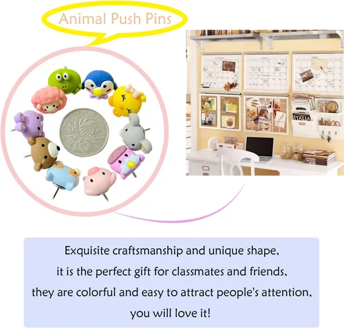 Miniatura 3 de 30 piezas de alfileres de empuje decorativos con forma de animales, tachuelas lindas de animales para tablero de corcho, pared de fotos, mapa