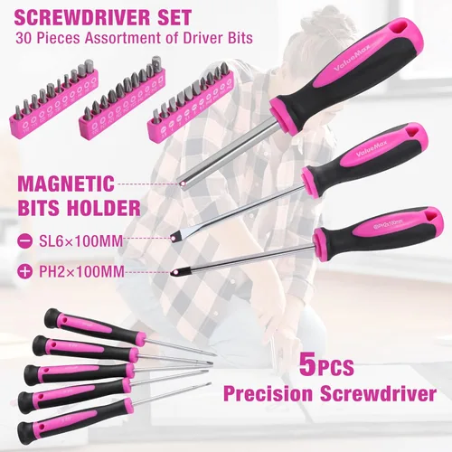 Miniatura 6 de ValueMax Kit de herramientas rosa, juego de herramientas de reparación del hogar de 218 piezas, kit de herramientas para el hogar con bolsa