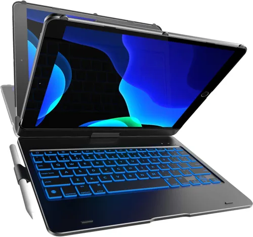 Funda con teclado para iPad de 9ª generación (10.2 pulgadas, 2021) | 360° | 7 modos | Retroiluminación | 12 colores | Delgada, ligera y protectora