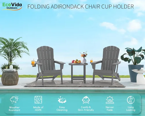 Miniatura 3 de Juego de sillas plegables Adirondack de 3 piezas, respaldo extra alto de 38 pulgadas y grano de madera en relieve, muebles de patio de polietileno