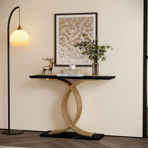 Miniatura 4 de Mesa consola de 43.3 pulgadas con patas de metal entrelazadas doradas, mesa de entrada decorativa negra y dorada, 43.31 x 11.69 x 31.5 pulgadas
