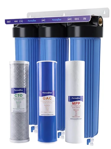 Sistema de filtro de agua de 3 etapas para toda la casa, 20 x 4.5 pulgadas, doble carbono (GAC y CTO) para máxima reducción de cloro y olor, puertos