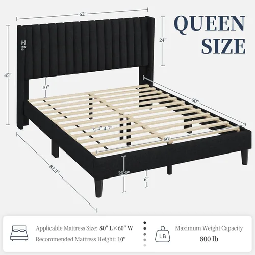 Miniatura 2 de Yaheetech - Base de cama tamaño queen con plataforma tapizada y cabecera de tela, diseño de borde ala, antideslizante y silenciosa, soporte de Negro
