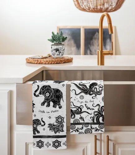 Miniatura 6 de Karma Gifts - Toalla de té bohemia en blanco y negro, algodón, elefante, 18 x 22 pulgadas