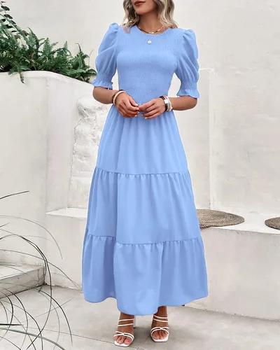 Miniatura 7 de BTFBM Vestidos para mujer, cuello redondo, casual, de verano, con volantes, manga corta, bohemio, con niveles, fruncido, largo, con estampado floral