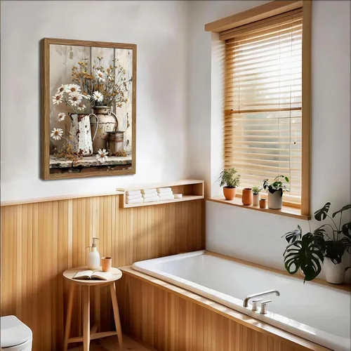 Miniatura 6 de Arte de pared campestre, cuadros decorativos de pared estilo granja, impresiones en lienzo de margaritas rústicas, pinturas de arte de regadera
