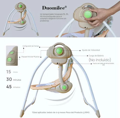 Miniatura 4 de Silla mecedora eléctrica para bebé, columpio portátil para bebé con caja de vibración de música inteligente, columpio para resistencia a la carga