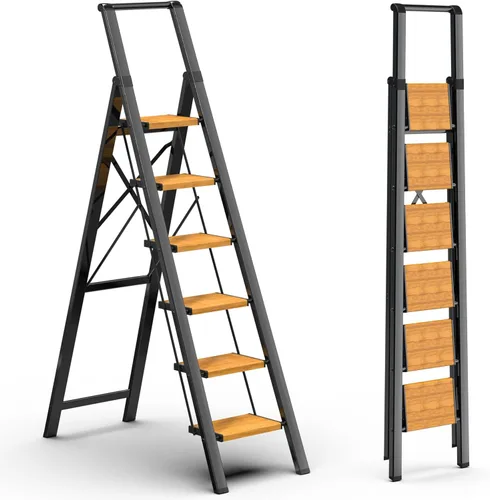 Miniatura 23 de Escalera de 6 escalones para techo de 12 pies de alto, taburete plegable de aluminio ligero con cómodo agarre, escaleras con pedal antideslizante