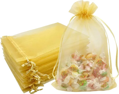 Jexila 100 bolsas de organza doradas de 5 x 7 pulgadas con cordón para joyas, bolsas de regalo de malla para bodas, fiestas, baby shower, pequeñas