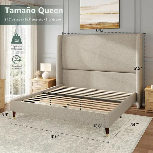 Miniatura 2 de Jocisland Base de cama tamaño Queen de 51.2 pulgadas de alto, tapizada, con cabecero con respaldo de ala, no necesita somier, fácil montaje