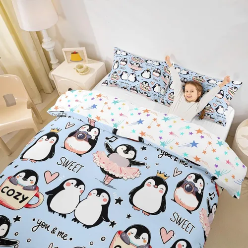 Miniatura 3 de Juego de funda de edredón para niños de dibujos animados, diseño de pingüinos de dibujos animados, lindo juego de ropa de cama de animales árticos