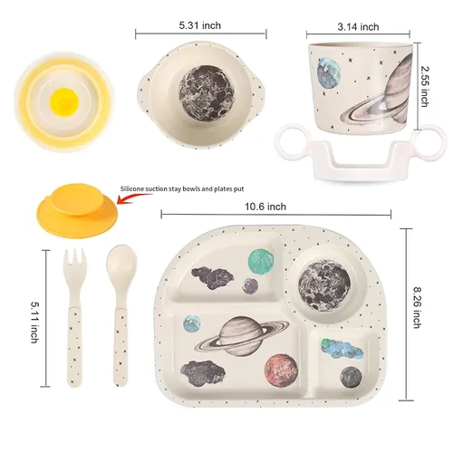 Miniatura 2 de shopwithgreen 7Pcs/Set Juego de vajilla de bambú para niños - Plato, cuenco, taza, cuchara y tenedor para niños, vajilla de dibujos animados, apto