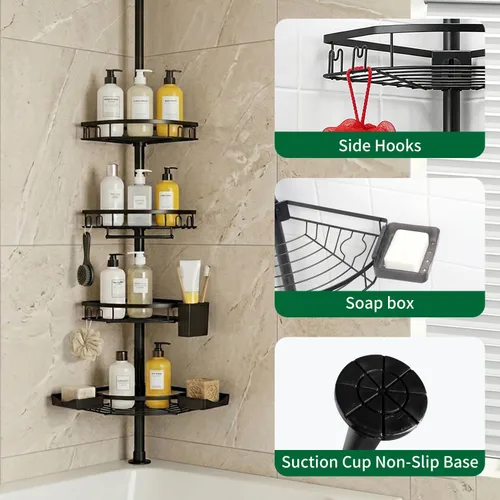 Miniatura 3 de Poste de tensión ajustable para ducha, organizador de baño de esquina de 4 niveles con bandejas de jabón y soporte para cepillos de dientes, estante