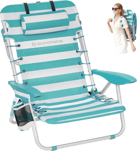 Miniatura 10 de SONGMICS Silla de playa portátil tipo mochila, capacidad de 331 libras, respaldo ajustable con 4 ángulos, 2 bolsillos laterales, toallero, azul
