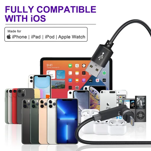 Miniatura 7 de Cable Lightning de 90 grados con cabezal giratorio de 360 grados de 6.6 pies [carga rápida y datos MFi y 2.4A] Cable de carga de nailon trenzado