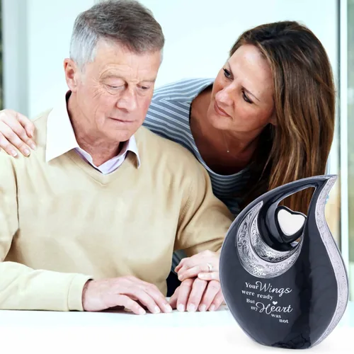 Miniatura 3 de Gran urna de lágrima negra con corazón plateado para cenizas humanas masculinas - Urnas para hombres y mujeres adultos - Urnas de cremación