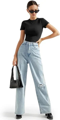 Miniatura 5 de SUUKSESS Camiseta básica ajustada de doble forro para mujer, cuello redondo, manga corta, Y2K