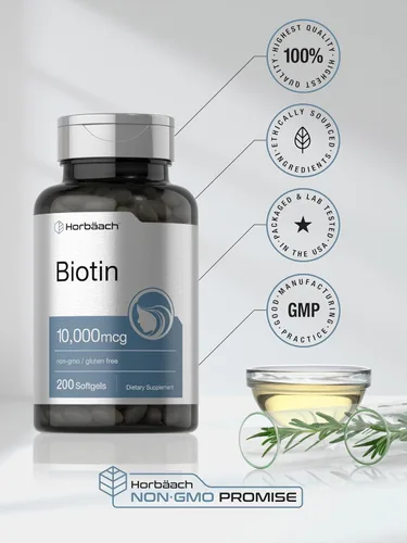 Miniatura 6 de Horbäach Biotin 10000 mcg 200 cápsulas blandas con vitamina B7 Suplemento de fórmula de belleza Sin OMG y sin gluten