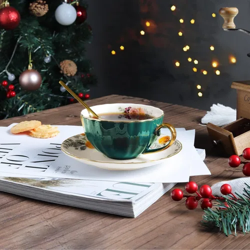 Miniatura 4 de ONEUSTAR Juego de taza de té y platillo para 1 taza de té floral de porcelana de hueso con cuchara, taza de café de 8 onzas, taza de capuchino latte