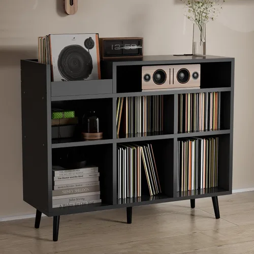 Soporte para tocadiscos, estante giratorio con almacenamiento de vinilo de hasta 500 álbumes, estante de soporte para discos de vinilo con toma de