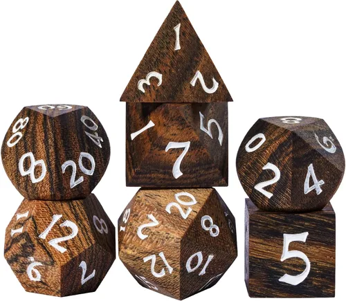 Miniatura 18 de Juego de dados D&D de sándalo rojo, dados poliédricos de madera natural con caja de lata de metal para juegos de rol y juegos de mesa