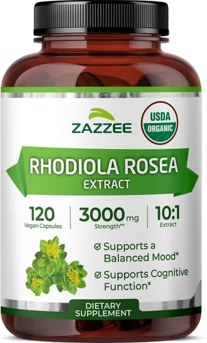 Zazzee Rhodiola 10:1 Extracto Orgánico USDA, 3000 mg de Potencia, 120 Cápsulas, Suministro de 4 Meses, Extracto 10X Estandarizado y Concentrado,