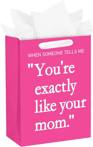 WRAPAHOLIC Bolsa de regalo grande para el día de la madre de 13 pulgadas con papel de seda, color rosa intenso con texto en inglés "You're Exactly