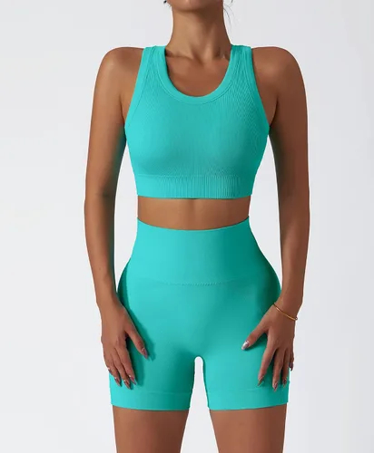 Miniatura 15 de Conjuntos de entrenamiento para mujer, 2 piezas, sin costuras, acanalada, sin mangas, brasier deportivo, cintura alta, pantalones cortos