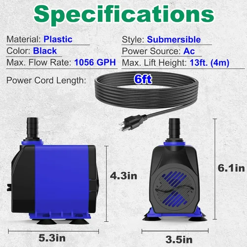 Miniatura 5 de Knifel Bomba sumergible 1056GPH (4000L/H 85W) ultra silenciosa con protección contra sobrecalentamiento, cable de alimentación de 9.8 pies