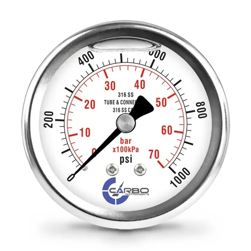 Miniatura 26 de Medidor de presión relleno de líquido de 300 PSI, dial de 2.5 pulgadas, montaje trasero 1/4 NPT, estuche 316 SS, 316 piezas mojadas SS, PSI/barra