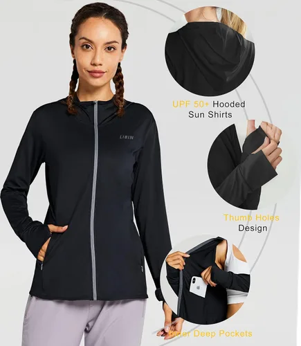 Miniatura 4 de Libin sudadera con capucha para mujer, con cremallera completa, UPF 50+, capucha con protección solar, de manga larga, para senderismo