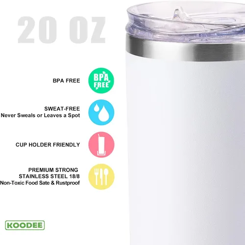 Miniatura 3 de koodee Vaso delgado de 20 onzas de acero inoxidable con aislamiento de doble pared para agua con pajilla, vaso delgado de viaje para Blanco