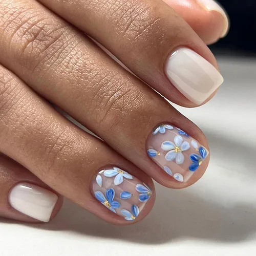 Miniatura 12 de 24 uñas postizas a presión de punta francesa, uñas acrílicas medianas falsas/falsas con diamantes de imitación de flores, diseños de punta francesa