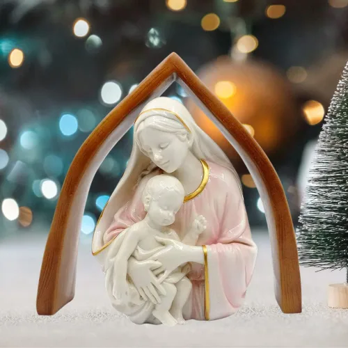 Miniatura 3 de Comfy Hour Figura de Virgen y el Niño de 10 pulgadas, estatua de niño de la Virgen María y Cristo con fondo de arco de aspecto de madera, acento
