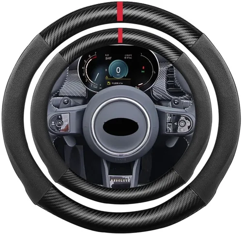 Miniatura 53 de Funda de volante de ante con fibra de carbono de K LAKEY, compatible con Porsche 718 Boxster Cayman 911 Panamera Macan Cayenne de 15 pulgadas, cuero