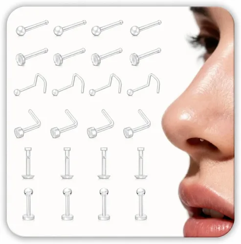 Miniatura 6 de 20Pcs Clear Nose Rings Retainer Set – 18G/20G I & L Shape Bioflex Studs, Flat & Round Top, 2mm Top, 8mm/10mm – Invisible Nose Piercing Jewelry for